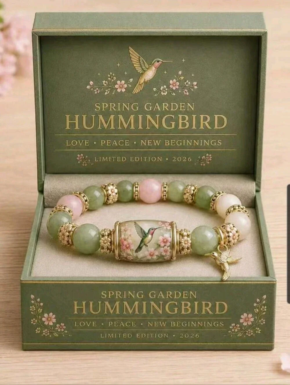 BRAND NEW ** Spring Garden Hummingbird Beaded Bracelet - Green & Pink